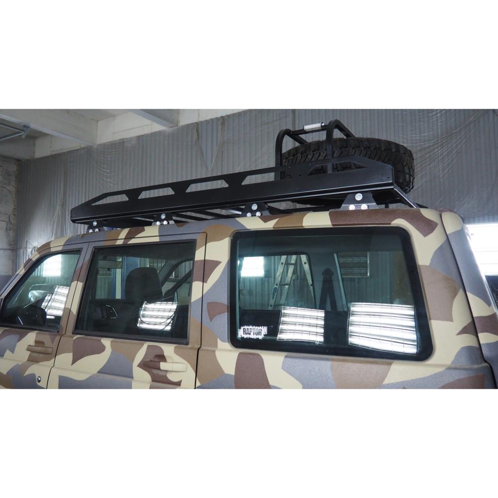 Багажник экспедиционный АВС-Дизайн на крышу UAZ Патриот с 2005- (без рейлингов) с креплением запасного колеса и с подъемным механизмом