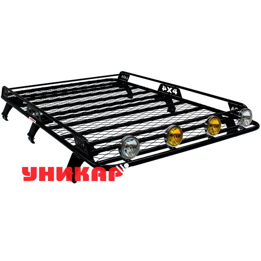 Багажник ВАЗ-2131 Нива с боковым ограждением с сеткой (6 опор) на водостоки