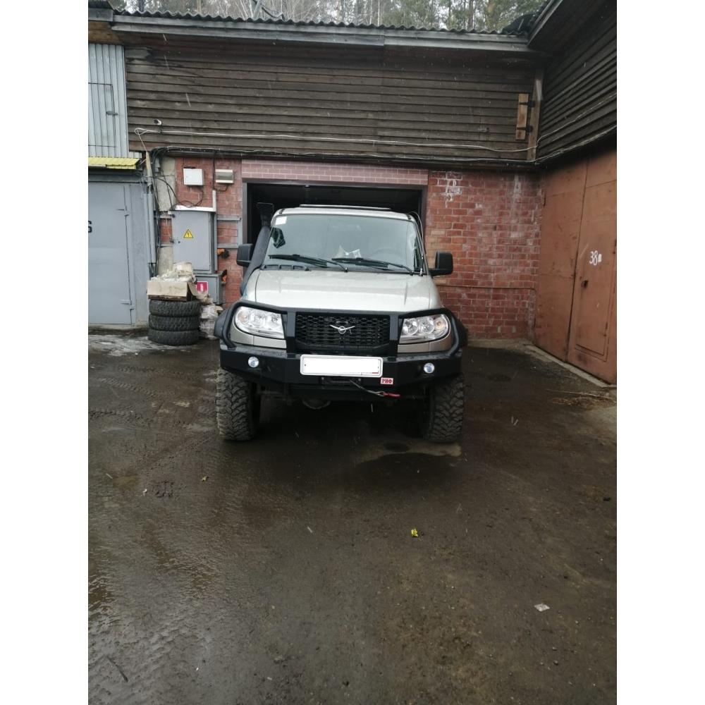 Бампер РИФ силовой передний УАЗ Патриот 2005+ с доп. фарами и защитной дугой