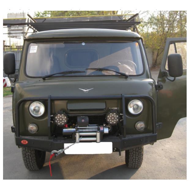 Передний силовой бампер на УАЗ "Буханка" c защитными дугами и площадкой лебёдки