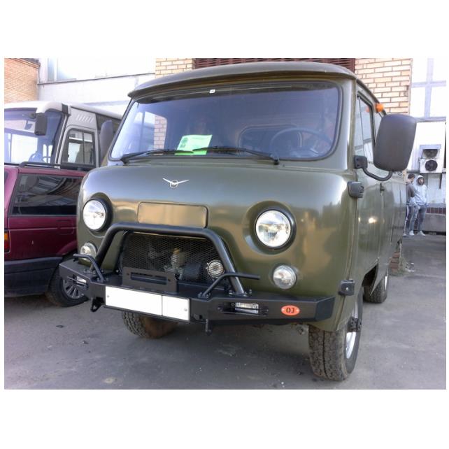 Передний силовой бампер на УАЗ "Буханка" с площадкой под лебёдку и съёмной дугой