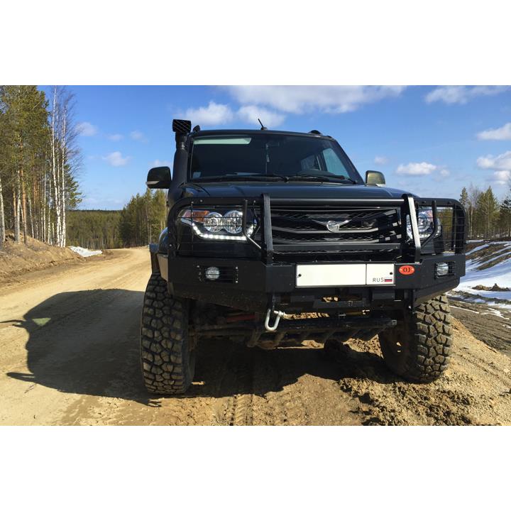 Передний силовой бампер с защитной дугой и вертикальной площадкой лебёдки на рестайлинговый УАЗ «Патриот» 2014