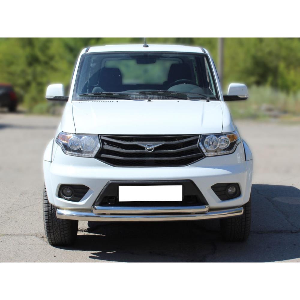 Защита переднего бампера радиусная двойная d-76+60 на УАЗ Патриот